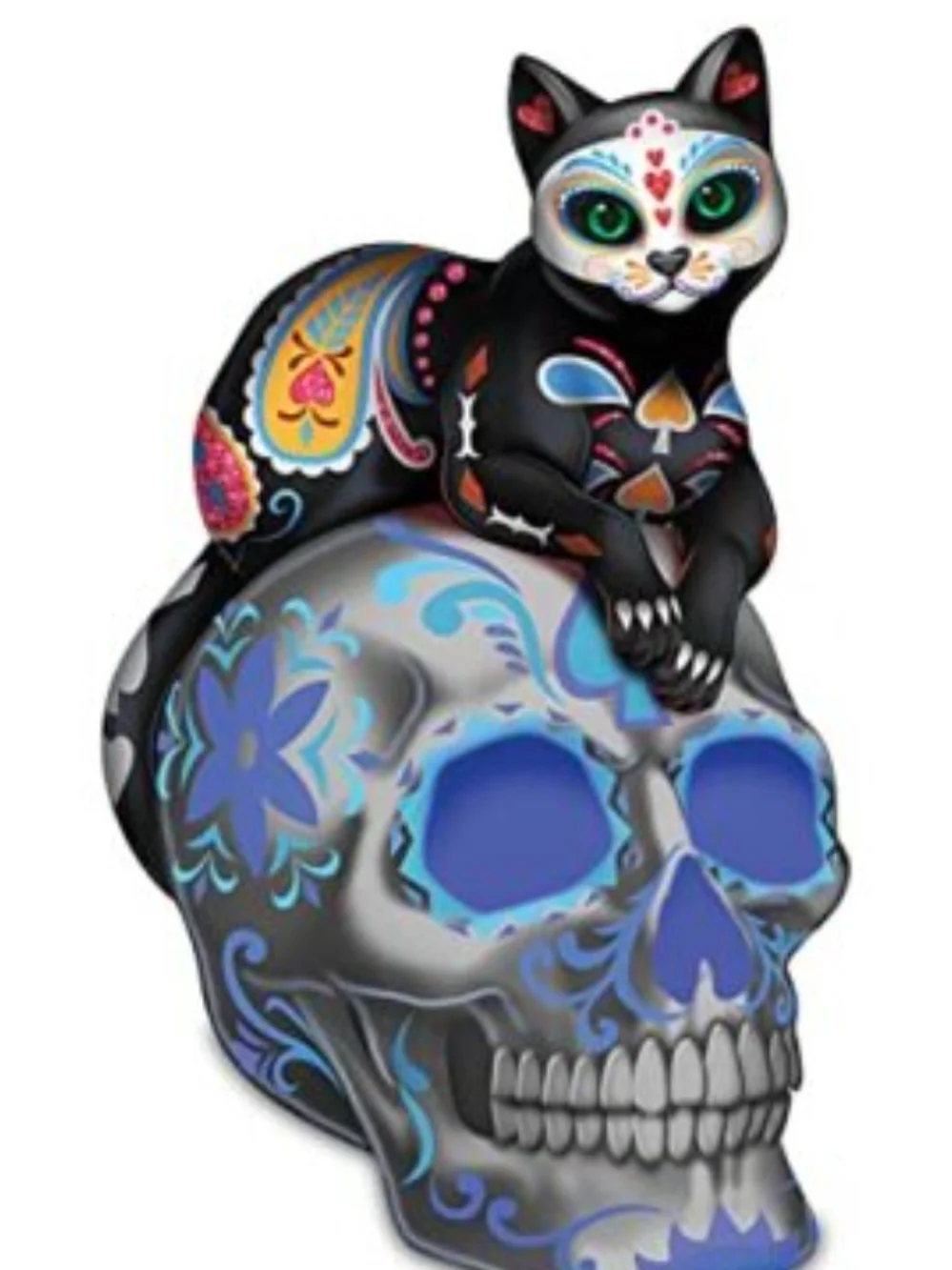 3 Hand-Painted Black Cat on Gray Decorative Skull Figurine